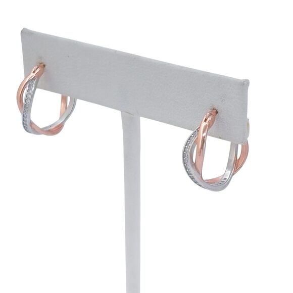 Vintage Sterling Silver 925 Cubic Zirconia Two-Tone Twisted Hoop Earrings - Picture 5 of 7